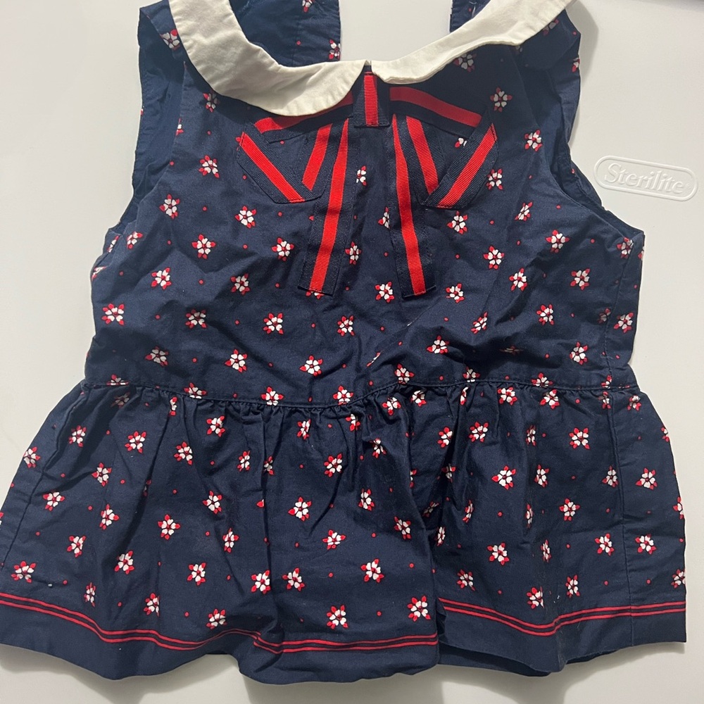 Janie & Jack Navy Blue Floral Sleeveless Top with Red Bow